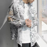 Hearujoy Shirts Men Fashion Mesh Floral Shirt Harajuku Gothic Top Long Sleeve Korean Loose Street Sun-proof Summer Holiday Casual Clothes